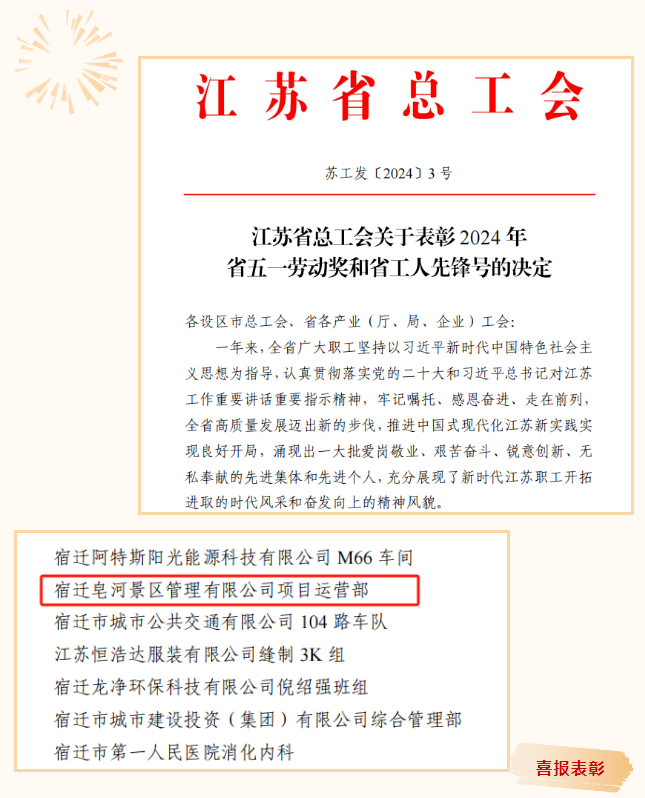 喜報！市文旅集團旗下宿遷皂河景區(qū)管理有限公司項目運營部榮獲2024年“省工人先鋒號”榮譽稱號(圖1)